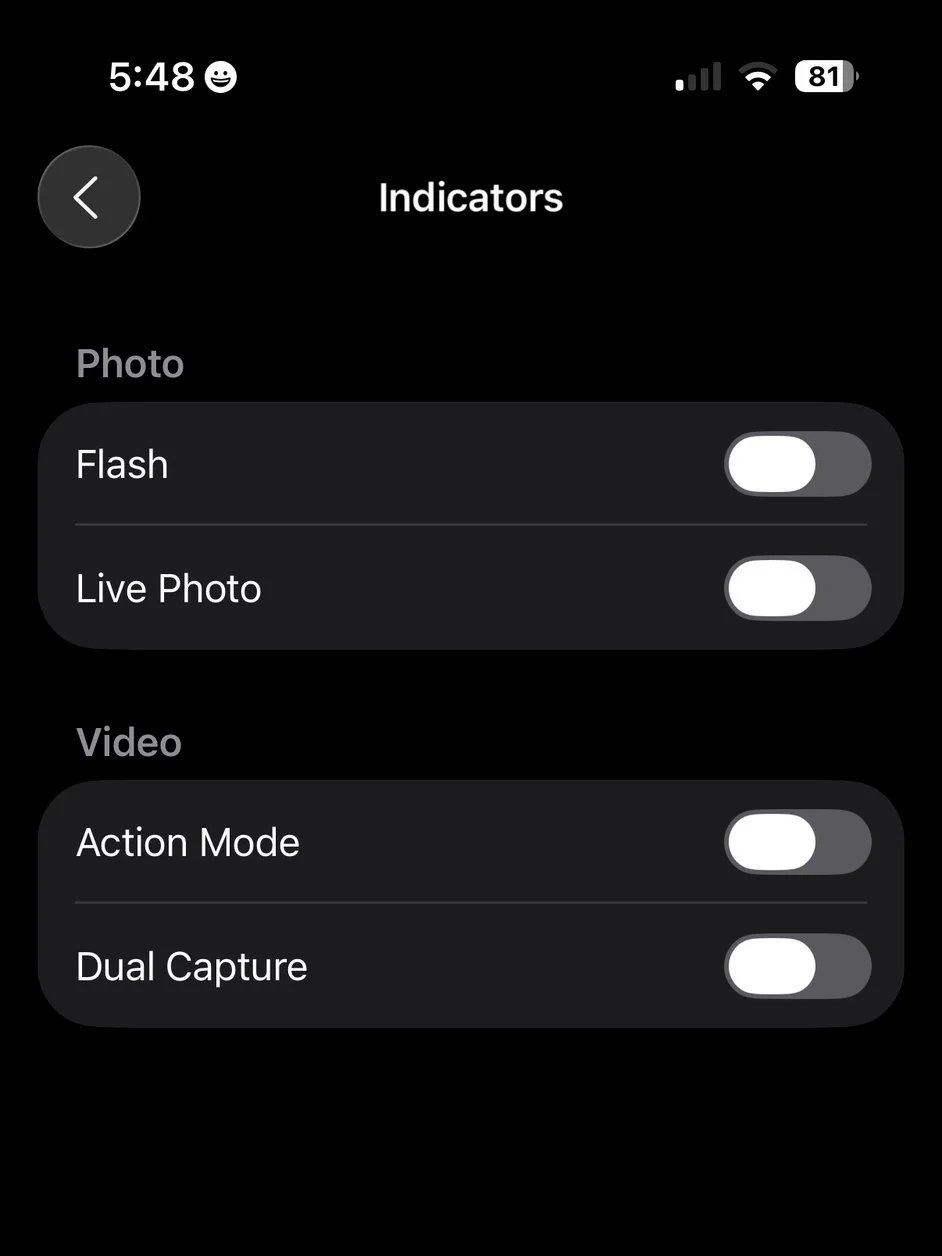 Camera UI indicator controls in Settings > Camera