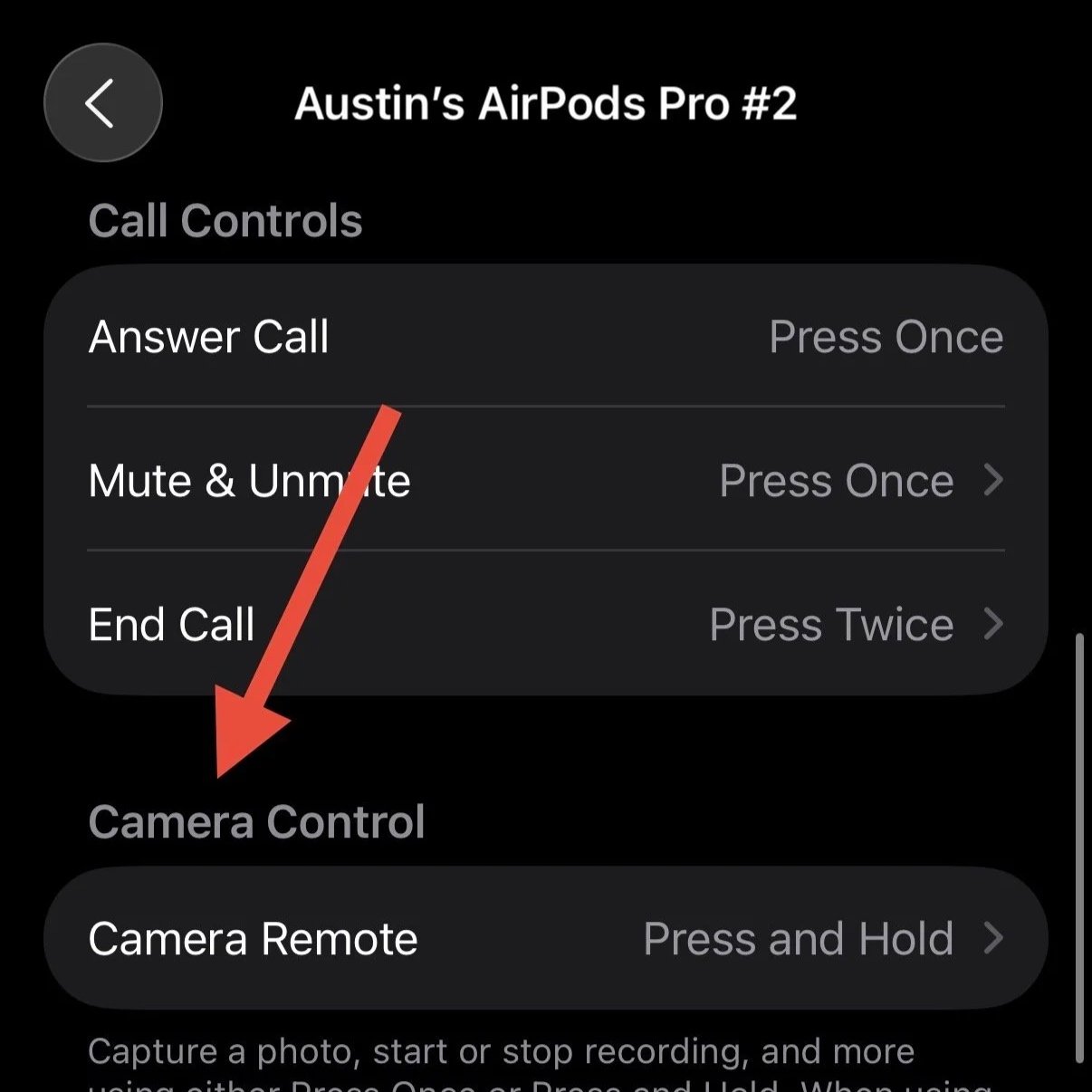 To use it, pop at least one AirPod in your ear, open the Camera app, and press (or press and hold) the AirPod. The iPhone starts a 3-second flashing countdown and then fires the shot